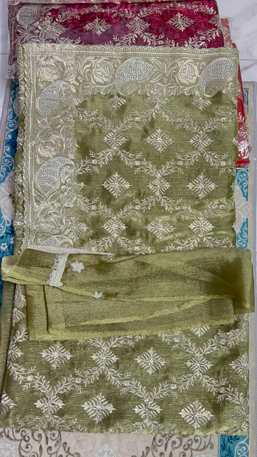 Gorgeous OLIVE GREEN saree with stone work ( Indian Jimmy Choo fabric)