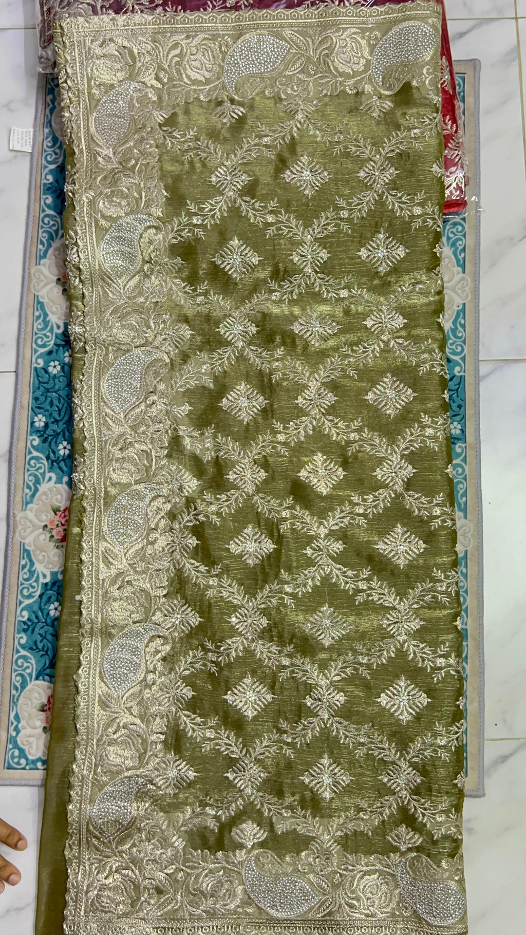 Gorgeous OLIVE GREEN saree with stone work ( Indian Jimmy Choo fabric)