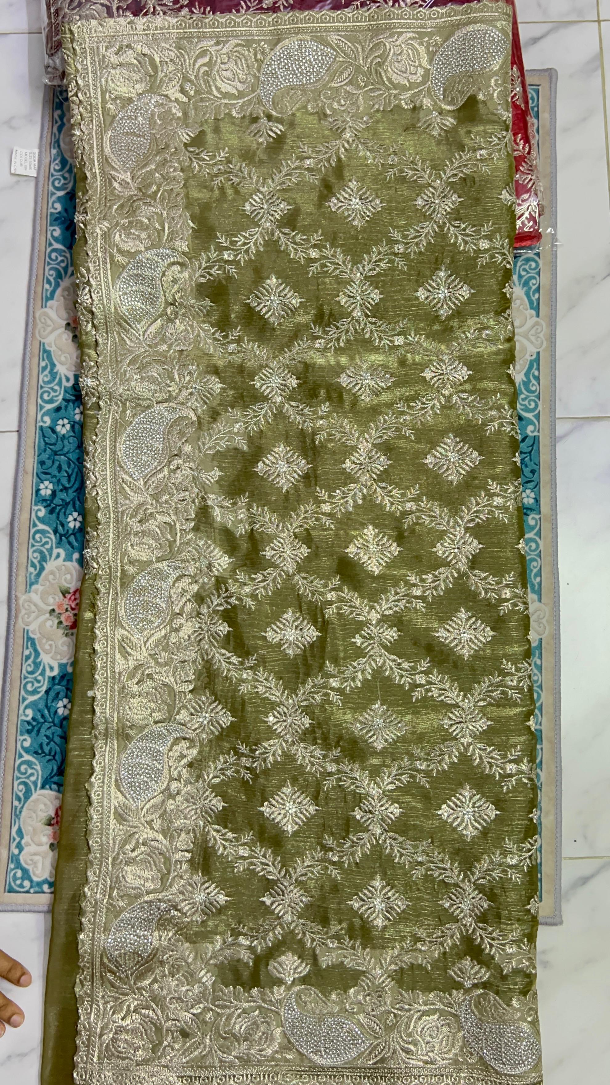 Gorgeous OLIVE GREEN saree with stone work ( Indian Jimmy Choo fabric)
