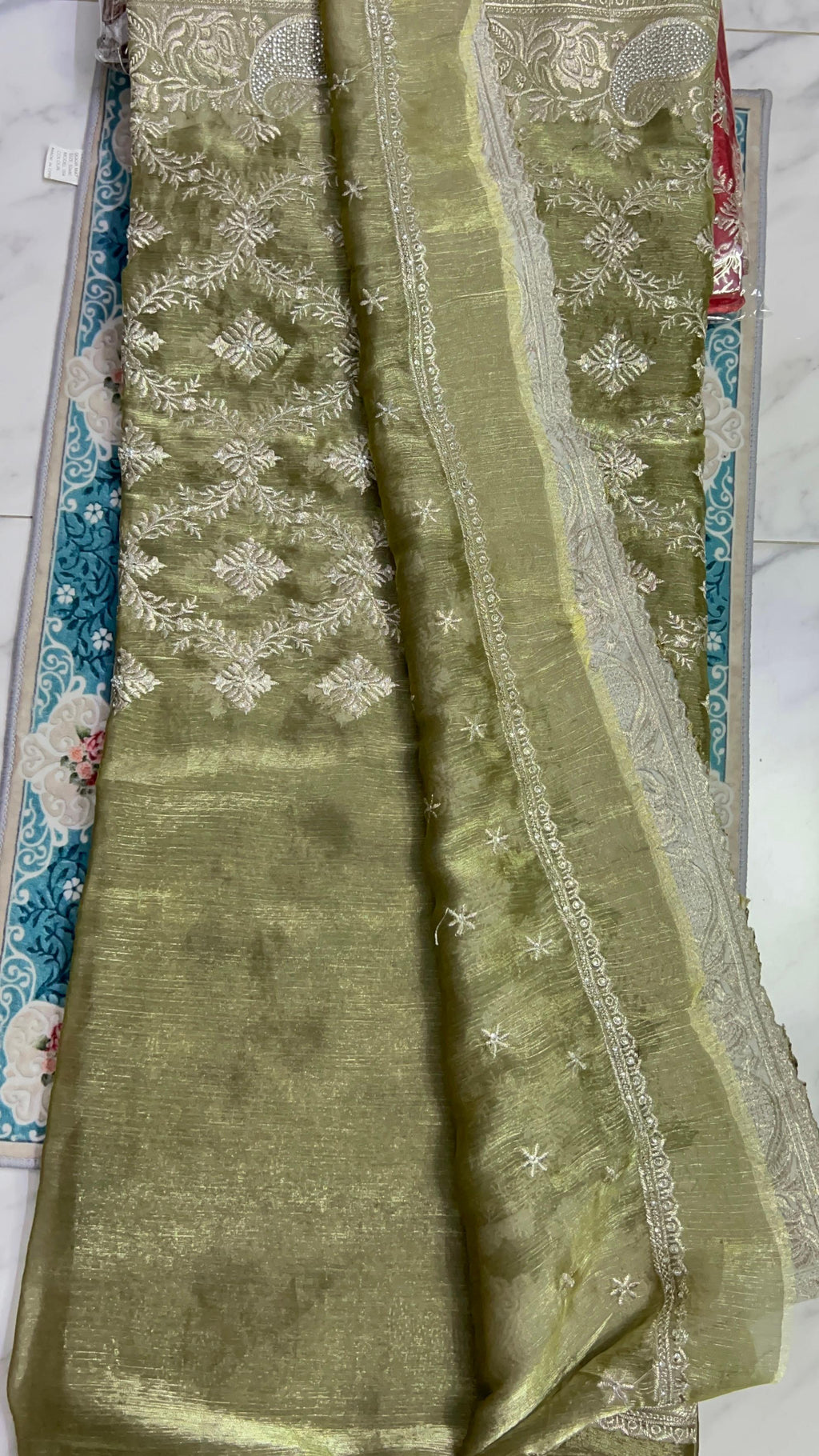 Gorgeous OLIVE GREEN saree with stone work ( Indian Jimmy Choo fabric)