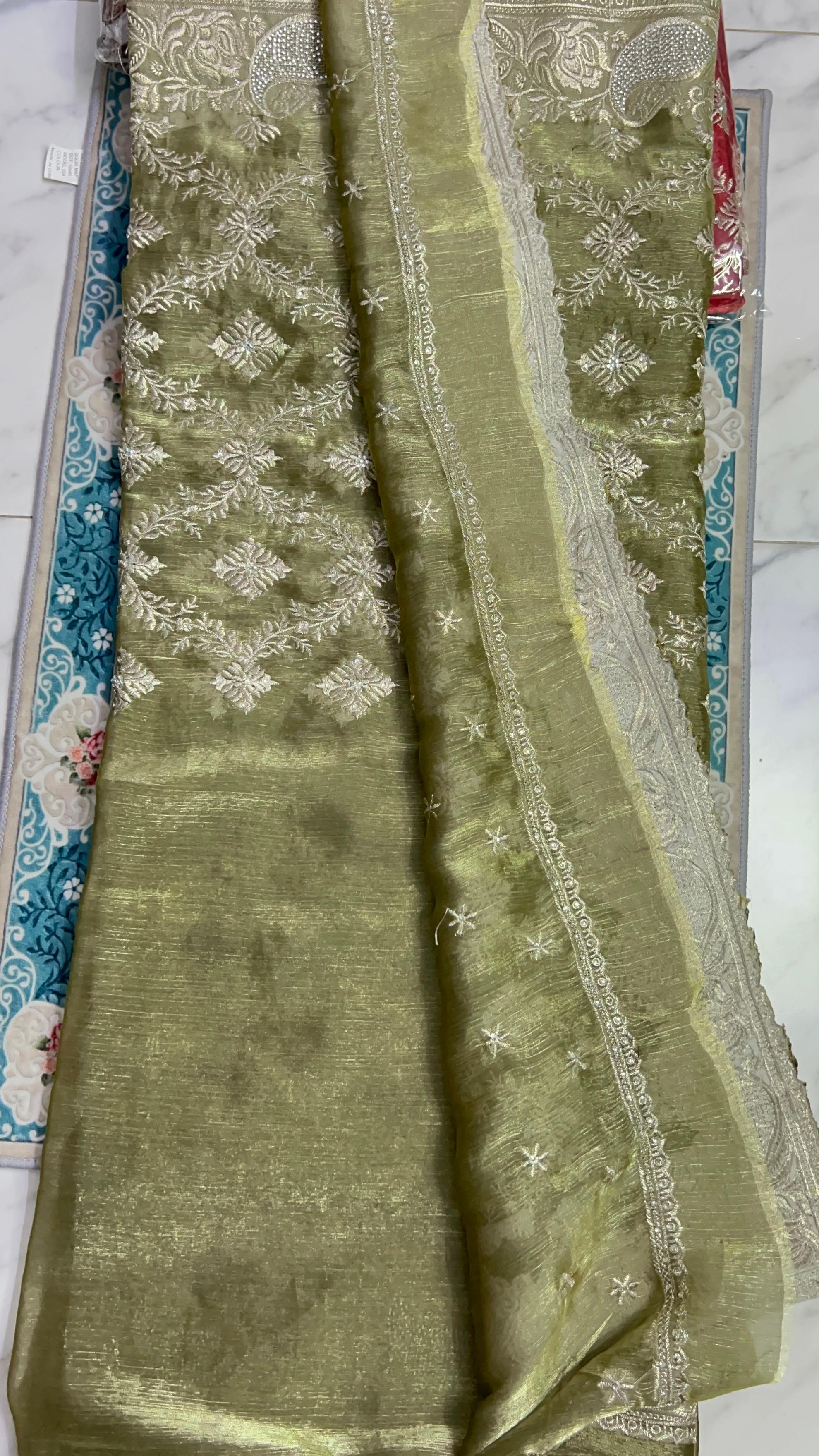 Gorgeous OLIVE GREEN saree with stone work ( Indian Jimmy Choo fabric)