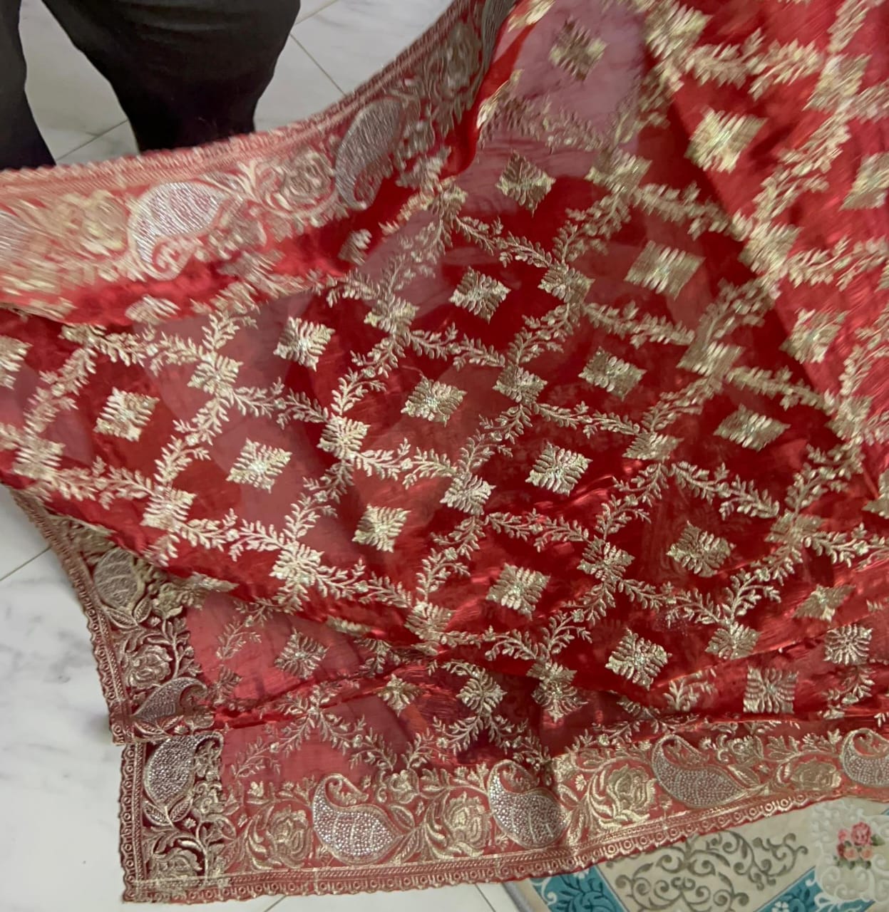 Gorgeous Red Saree with stone work (INDIAN JIMMY CHOO fabric)