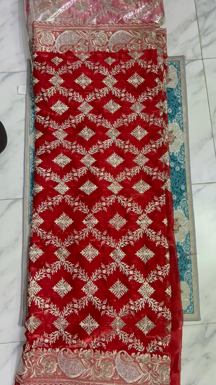 Gorgeous Red Saree with stone work (INDIAN JIMMY CHOO fabric)